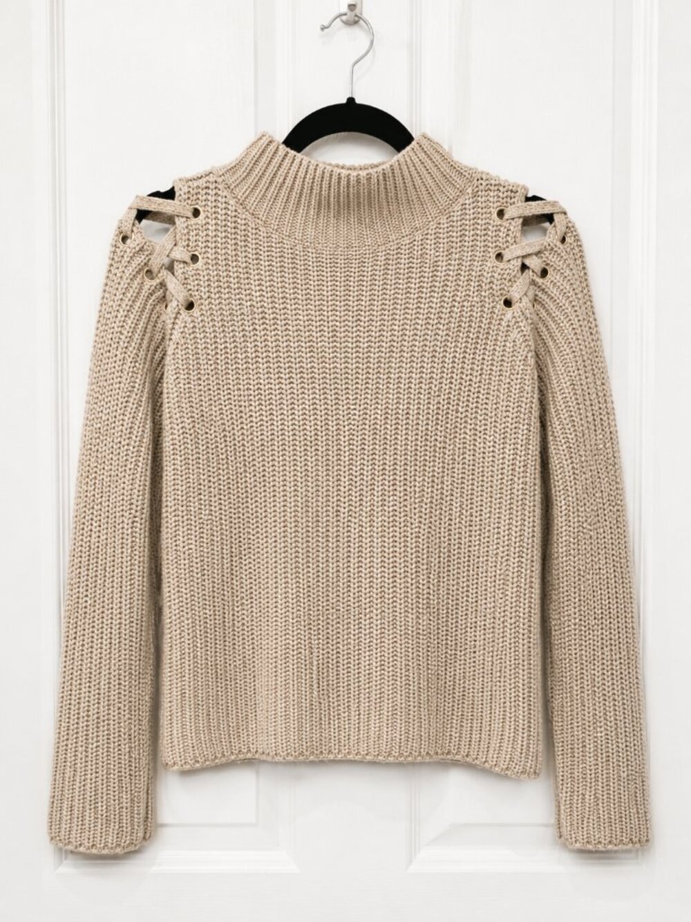 Y2K Indie Sleaze Soft Grunge Beige Chunky Knit Cold Shoulder Sweater Lace Up Oat